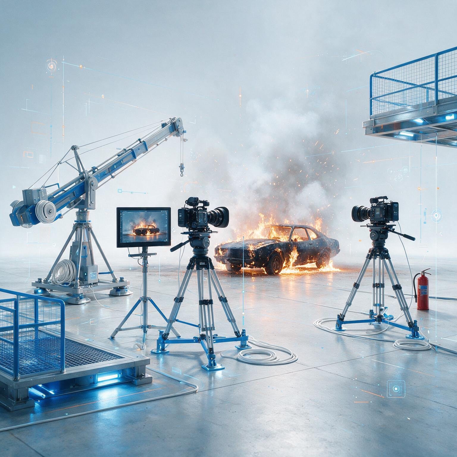 Set de filmagem com grua, monitor e duas câmeras diante de um carro em chamas