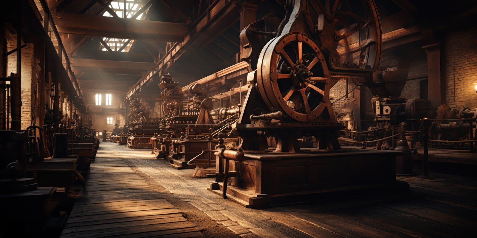 Interior de uma fábrica antiga, com maquinário de roda dentada e luz entrando pelo lanternim